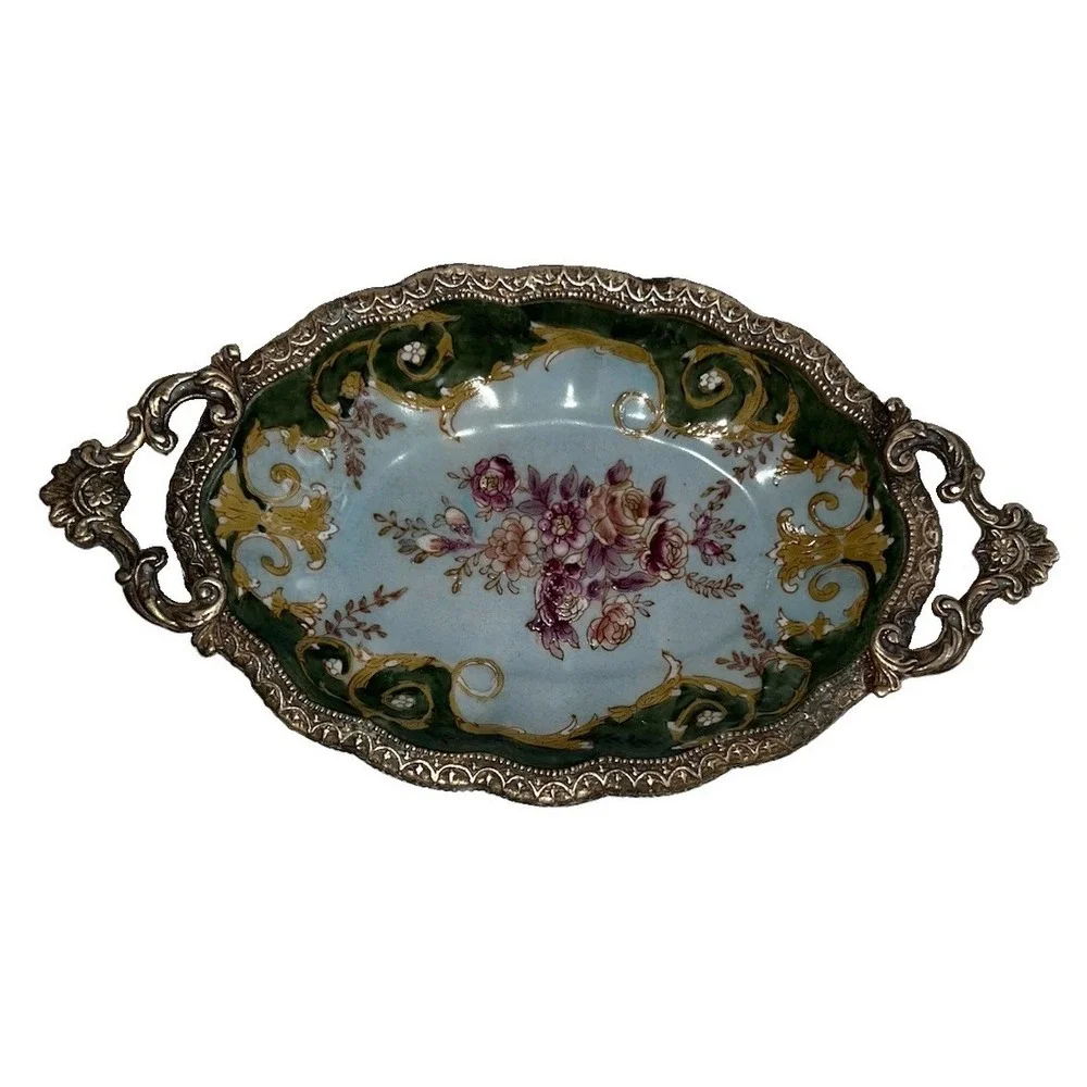 (8)Vintage HUA PING TAN ZHI Porcelain Bronze Footed Soap Floral Trinket Tray